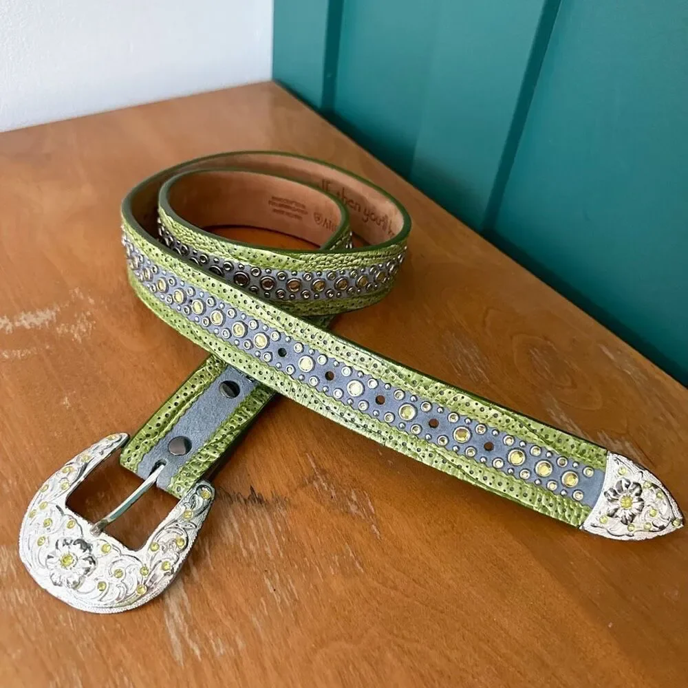 Ariat Women’s Suede Dusty Blue Green Leather Heavily Beaded Chartreuse Stone Bel